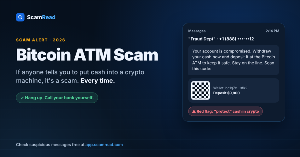 Bitcoin ATM scam warning: fake fraud text telling the victim to deposit cash in a crypto ATM