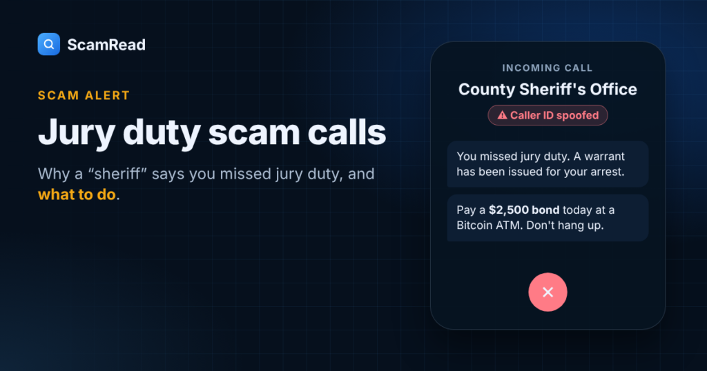 Jury duty scam call from a fake sheriff's office demanding a Bitcoin bond