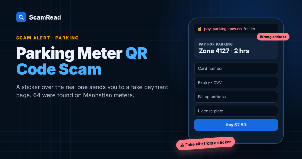 Parking meter QR code scam: fake payment page opened from a sticker on a meter