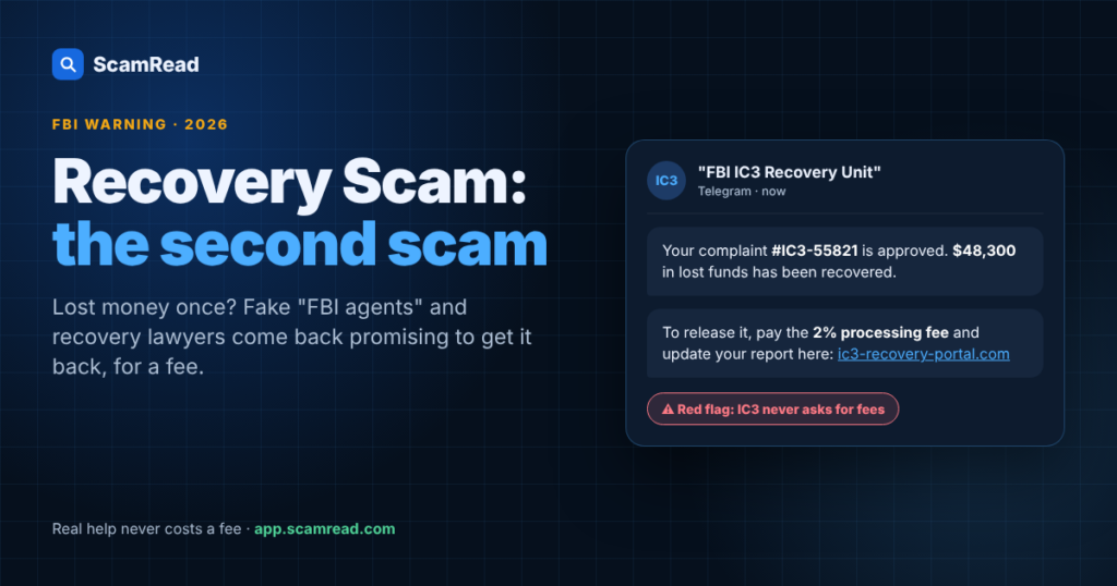Recovery scam warning: fake FBI IC3 message asking for a fee to release recovered funds
